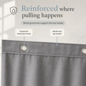 Rustproof metal grommets and reinforced header along the top of the grey shower curtain