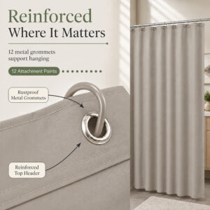 Rustproof metal grommets and reinforced header along the top of the taupe shower curtain