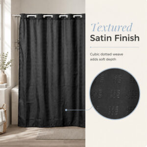 Close-up of the textured satin finish and cubic dotted weave on the black polyester shower curtain