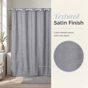 Close-up of the textured satin finish and cubic dotted weave on the gray polyester shower curtain