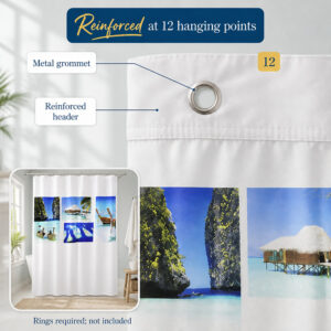 Twelve reinforced metal grommets and stitched header along the top of the shower curtain