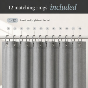 The 12 matching grey rings included with the polyester shower curtain