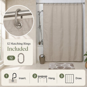 The 12 matching taupe rings included with the polyester shower curtain