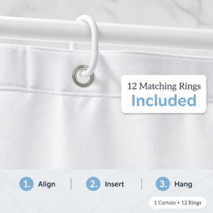 The 12 matching rings included with the white polyester shower curtain