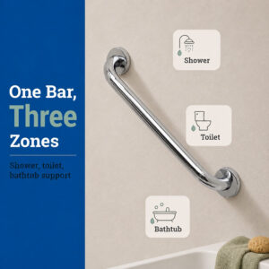 Bathroom support bar placement next to a toilet and a bathtub