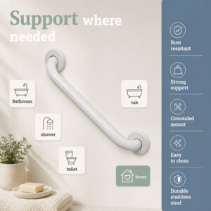 Wall mounted grab bar placement next to a toilet and along a bathtub