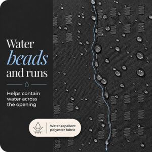 Water droplets beading and running down the water resistant black polyester shower curtain fabric