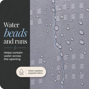 Water droplets beading and running down the water resistant gray polyester shower curtain fabric