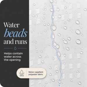 Water droplets beading and running down the water resistant white polyester shower curtain fabric