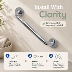 Installation screws and hardware included with the chrome safety grab bar