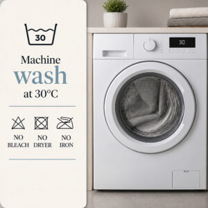 Care guide for the grey shower curtain: machine wash cold, no tumble dry, no iron