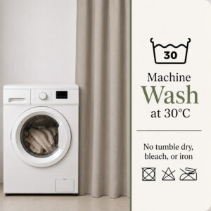 Care guide for the taupe shower curtain: machine wash cold, no tumble dry, no iron
