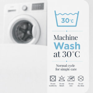 Care guide for the white shower curtain: machine wash cold, no tumble dry, no iron
