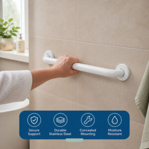 Concealed flange hiding the grab bar mounting screws against the wall