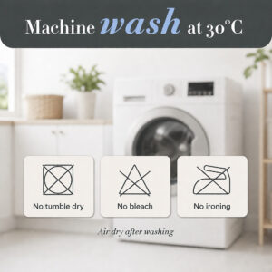Taupe shower curtain care guide: machine wash at 30°C (86°F), no tumble dry, no bleach, no ironing, air dry