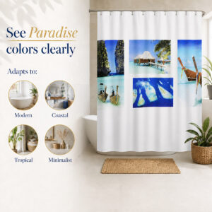 Style guide pairing the ocean theme beach shower curtain with blue and sand bathroom decor
