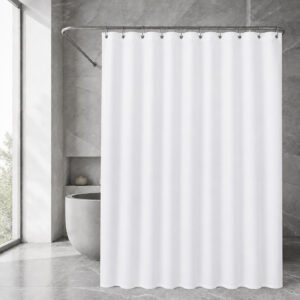 White polyester shower curtain in a modern bathroom with a white bathtub