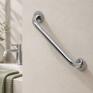 Stainless Steel Grab Bar Chrome in a modern tiled bathroom