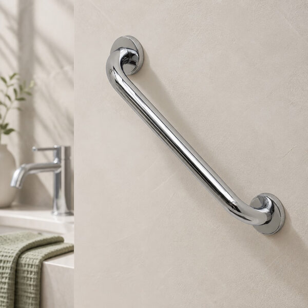 Stainless Steel Grab Bar Chrome in a modern tiled bathroom