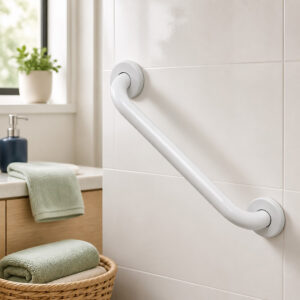 White grab bar installed in a modern tiled bathroom beside the shower