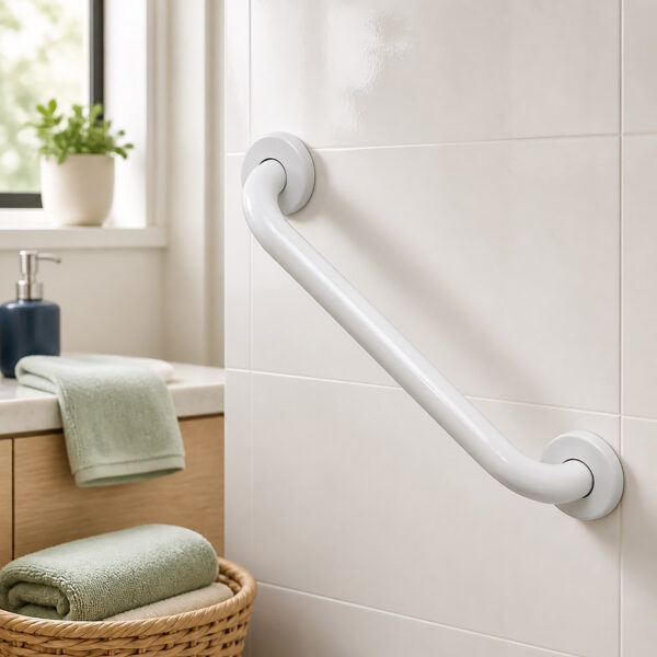 White grab bar installed in a modern tiled bathroom beside the shower