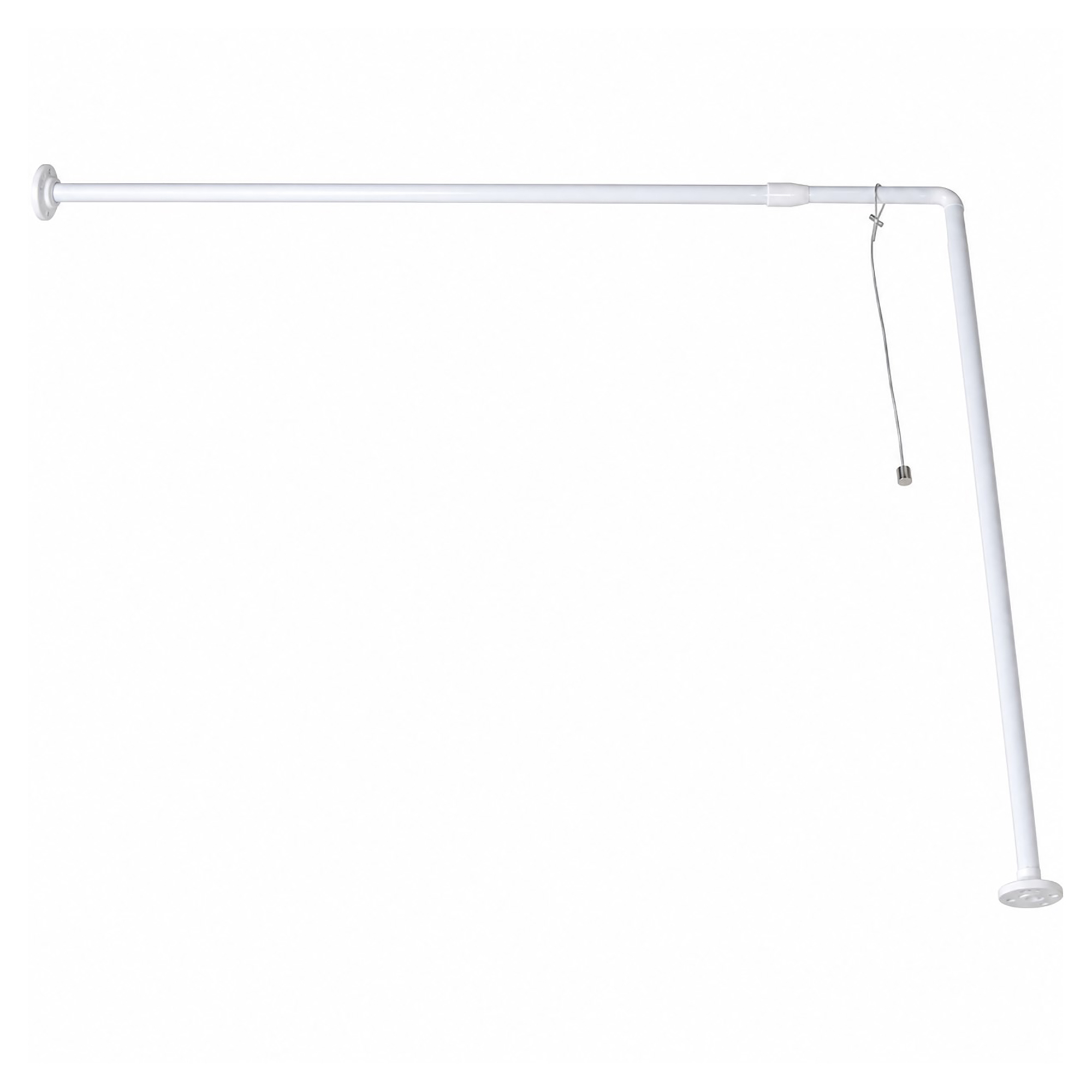 White L-shaped corner shower curtain rod with adjustable tube and ceiling cable, wall-mounted bathroom hardware