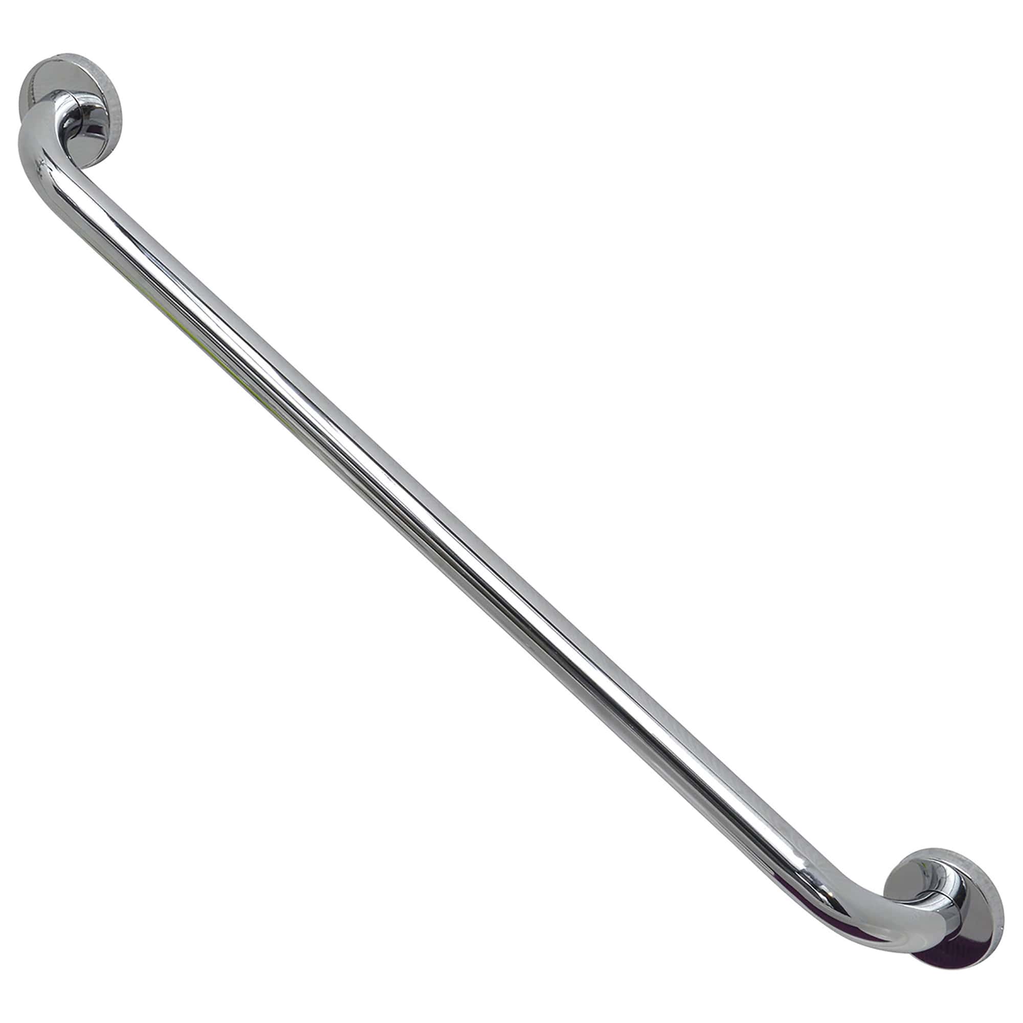 Long chrome grab bar product view showcasing its sleek and polished design for bathroom safety.