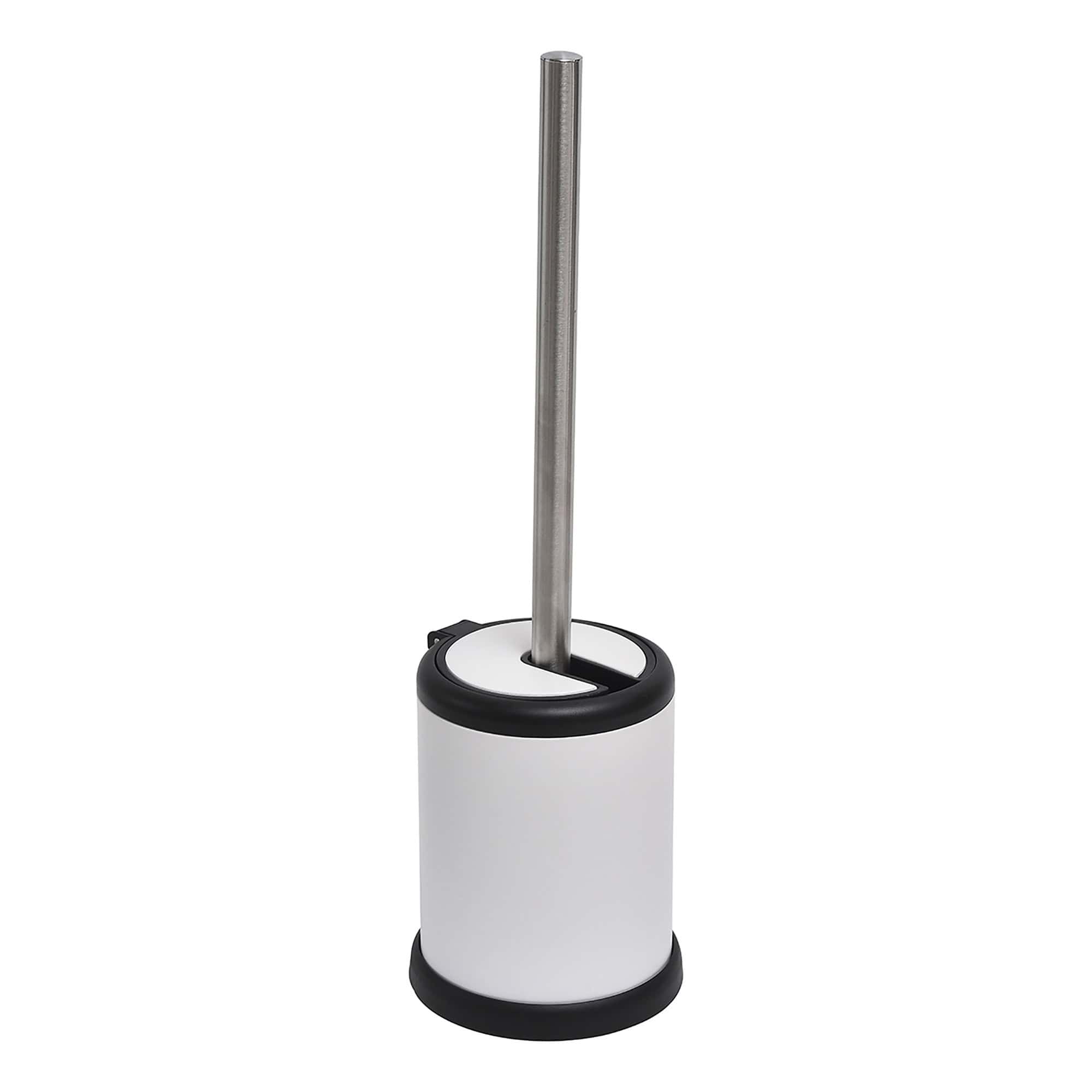 White toilet brush holder with a stainless steel handle and compact design, ideal for modern bathrooms.