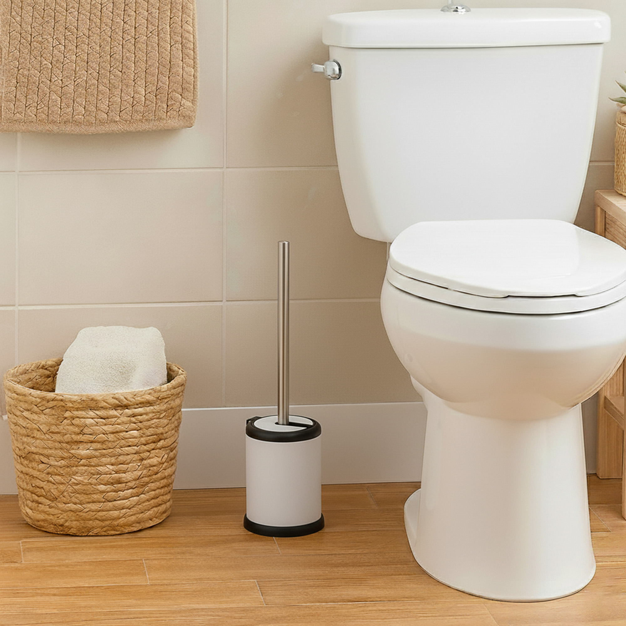 White toilet brush with stainless steel handle and black trim beside white toilet in bathroom with woven basket on wood floo