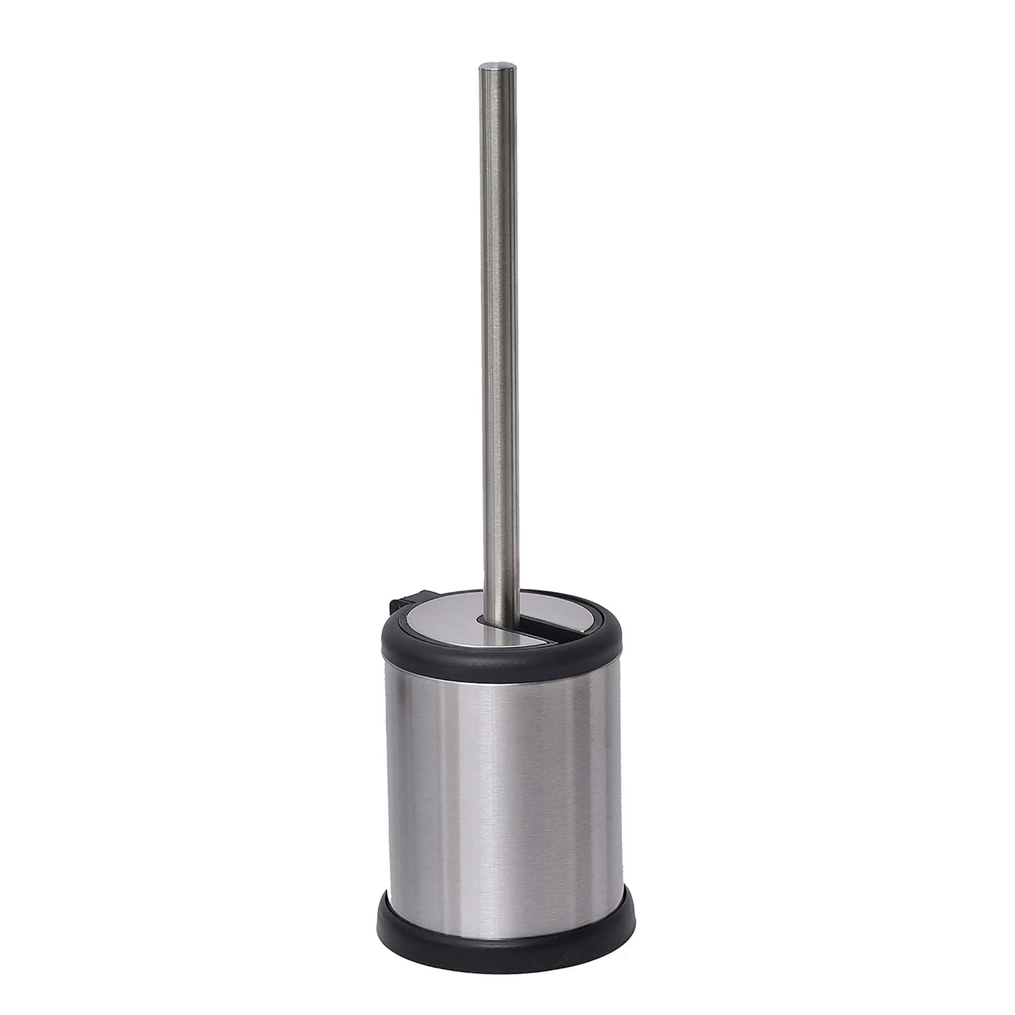 Sleek stainless steel toilet brush holder with compact design and durable handle, perfect for modern bathroom decor.