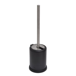 Sleek black toilet brush holder with stainless steel handle, ideal for adding a modern touch to bathroom decor.