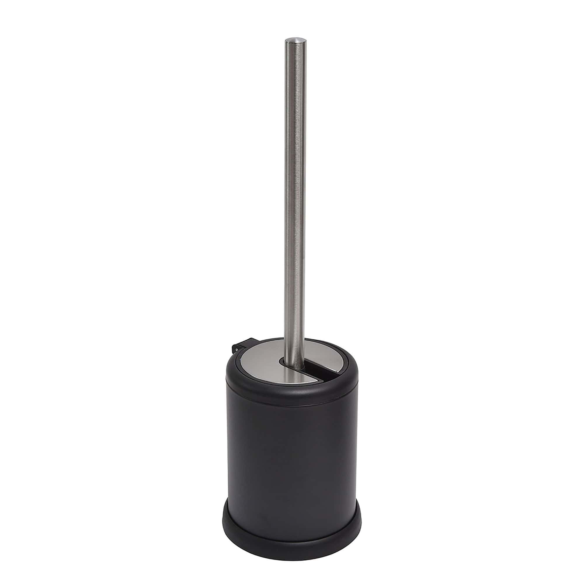 Sleek black toilet brush holder with stainless steel handle, ideal for adding a modern touch to bathroom decor.