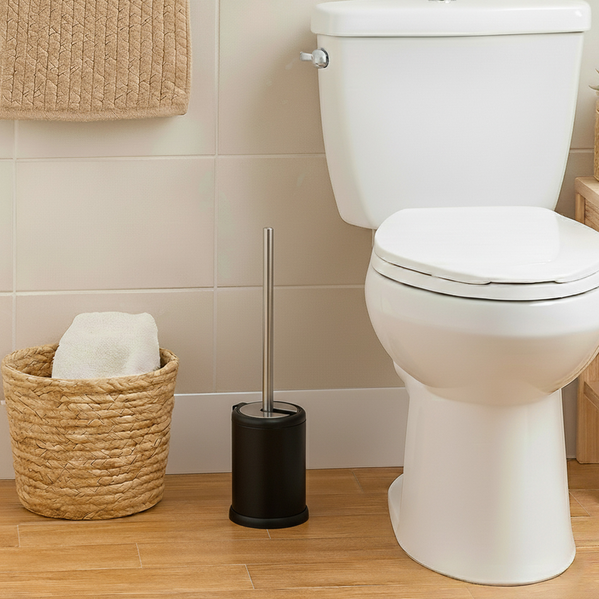 Matte black toilet brush with stainless steel handle beside white toilet in bathroom with woven basket on wood floor