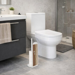 2:51 PM White freestanding toilet paper holder with brown bamboo-textured panel and Asian zen calligraphy, storing multiple rolls