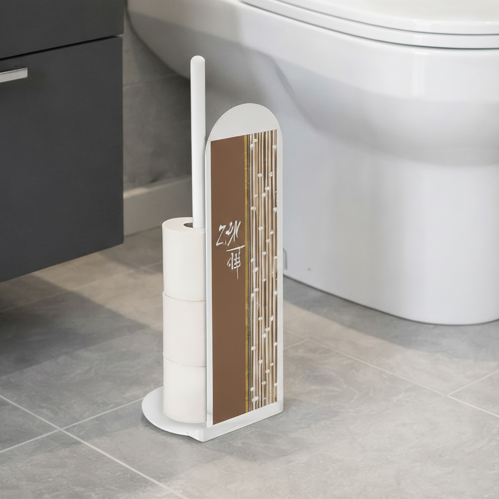2:51 PM White freestanding toilet paper holder with brown bamboo-textured panel and Asian zen calligraphy, storing multiple rolls