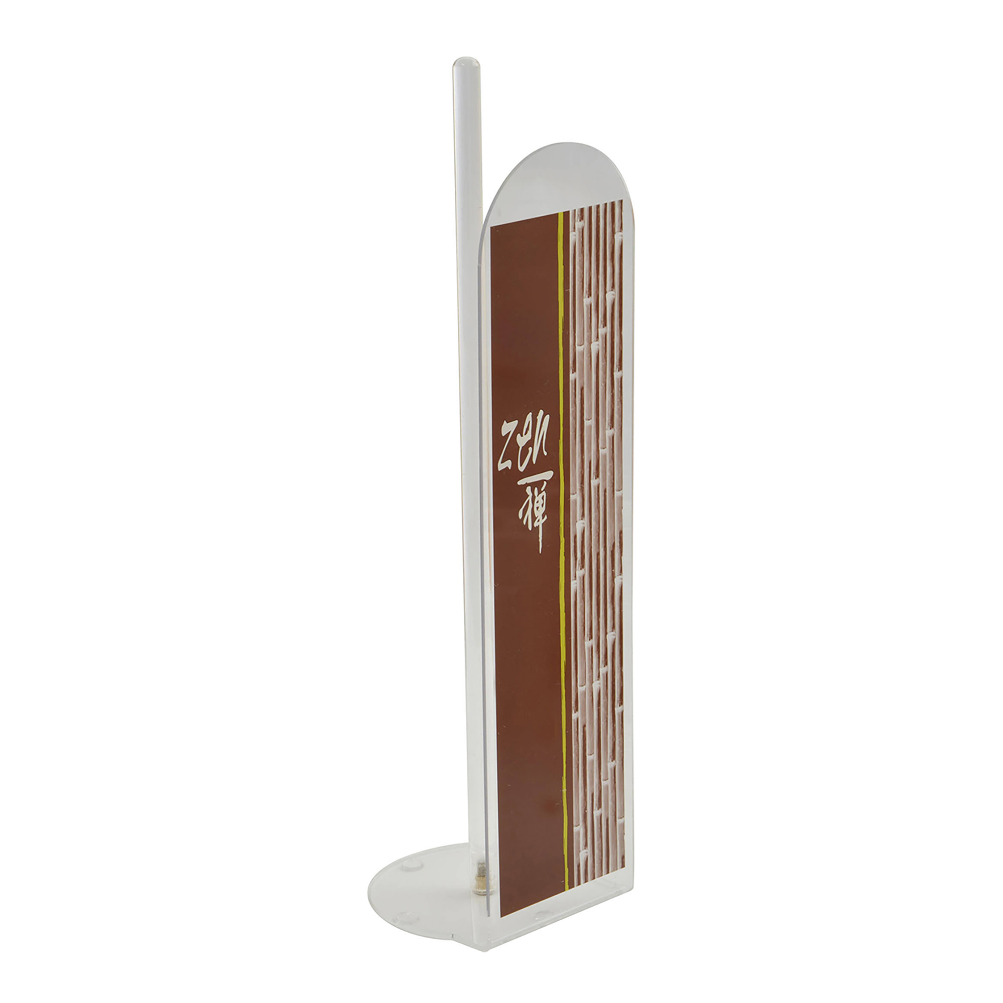 Zen brown freestanding toilet paper holder with bamboo-style panel and white frame, side view