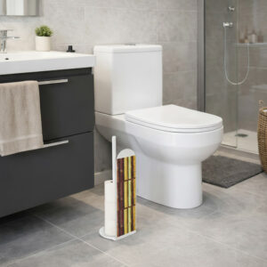 White freestanding toilet paper holder with colorful bamboo stalk design panel, storing extra rolls