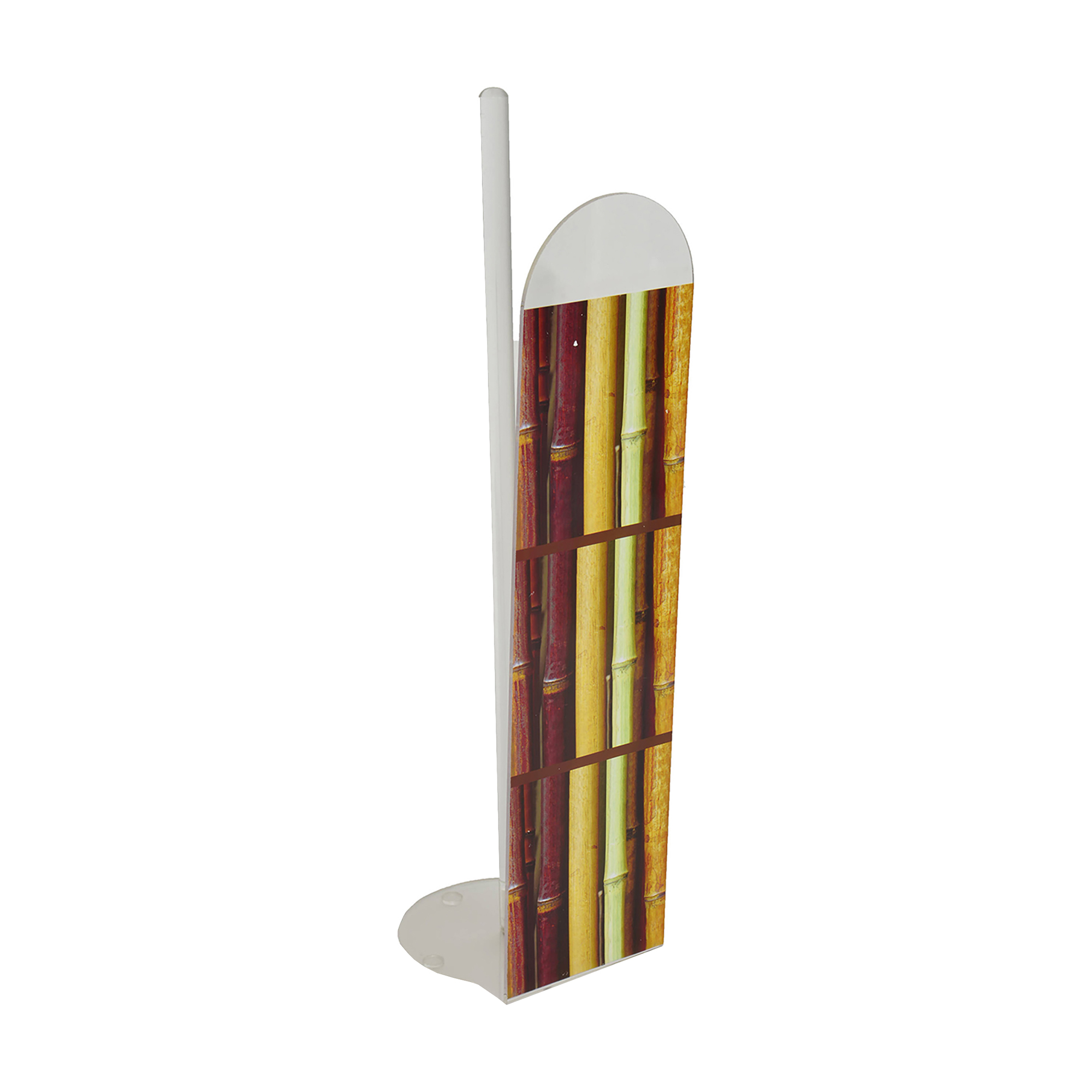 Freestanding toilet paper holder with bamboo-inspired decorative panel and white frame, side angle view