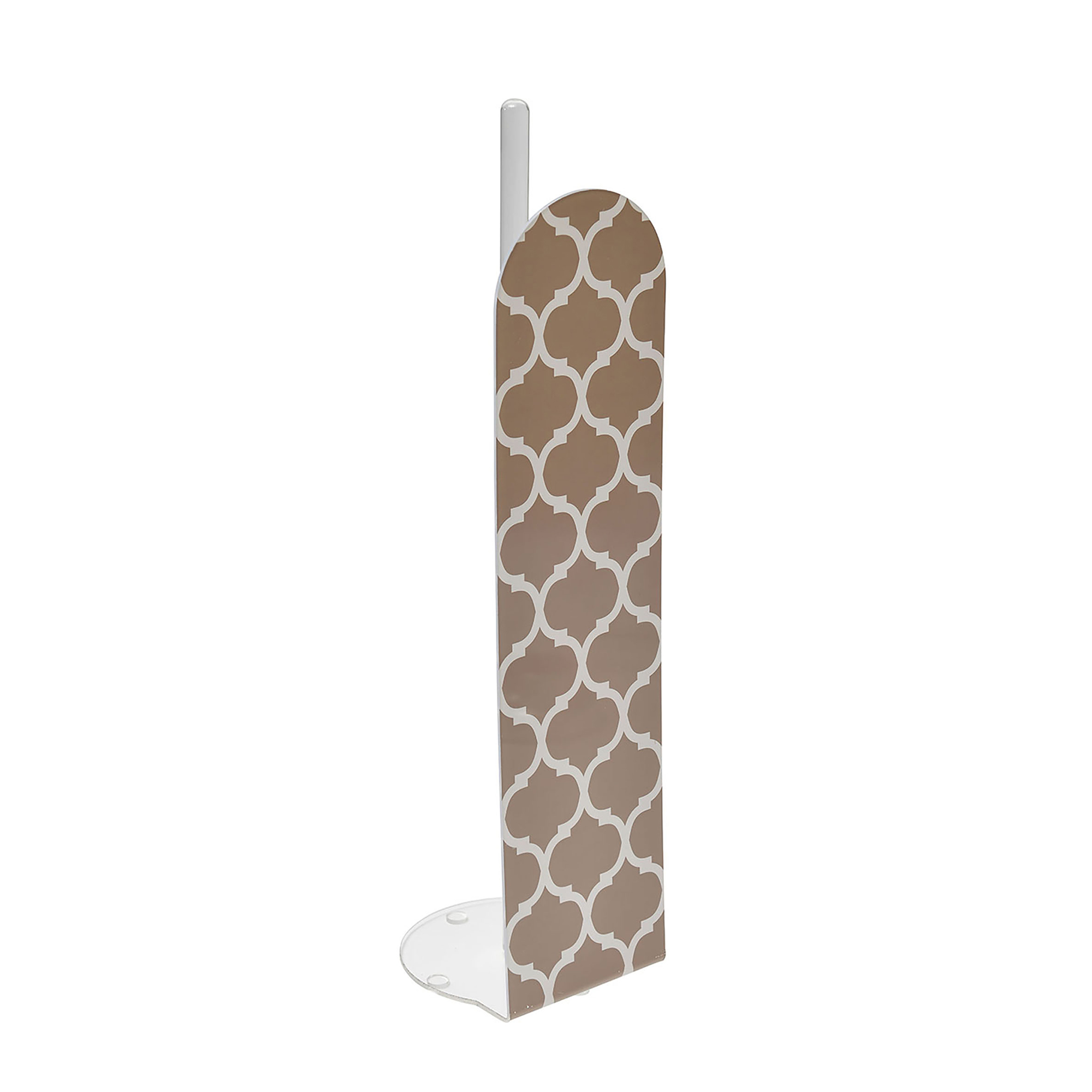 Freestanding toilet paper holder with geometric patterned panel in beige and white, side angle view