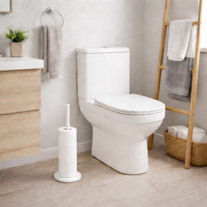 Freestanding toilet paper holder with white rod and base, holding stacked white rolls