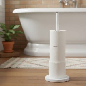 Freestanding toilet paper holder with white rod and base, holding stacked white rolls