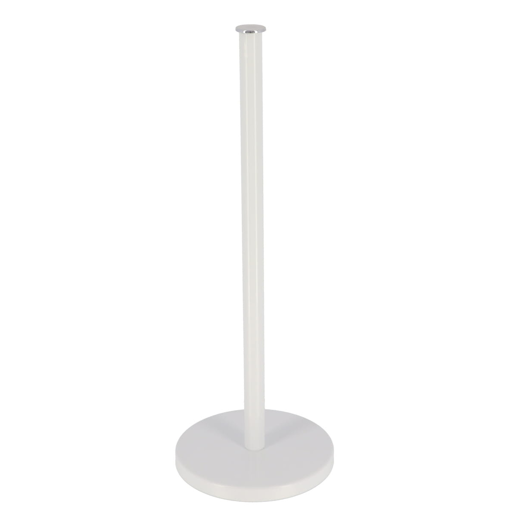 White freestanding toilet paper holder with minimalist metal rod and round base