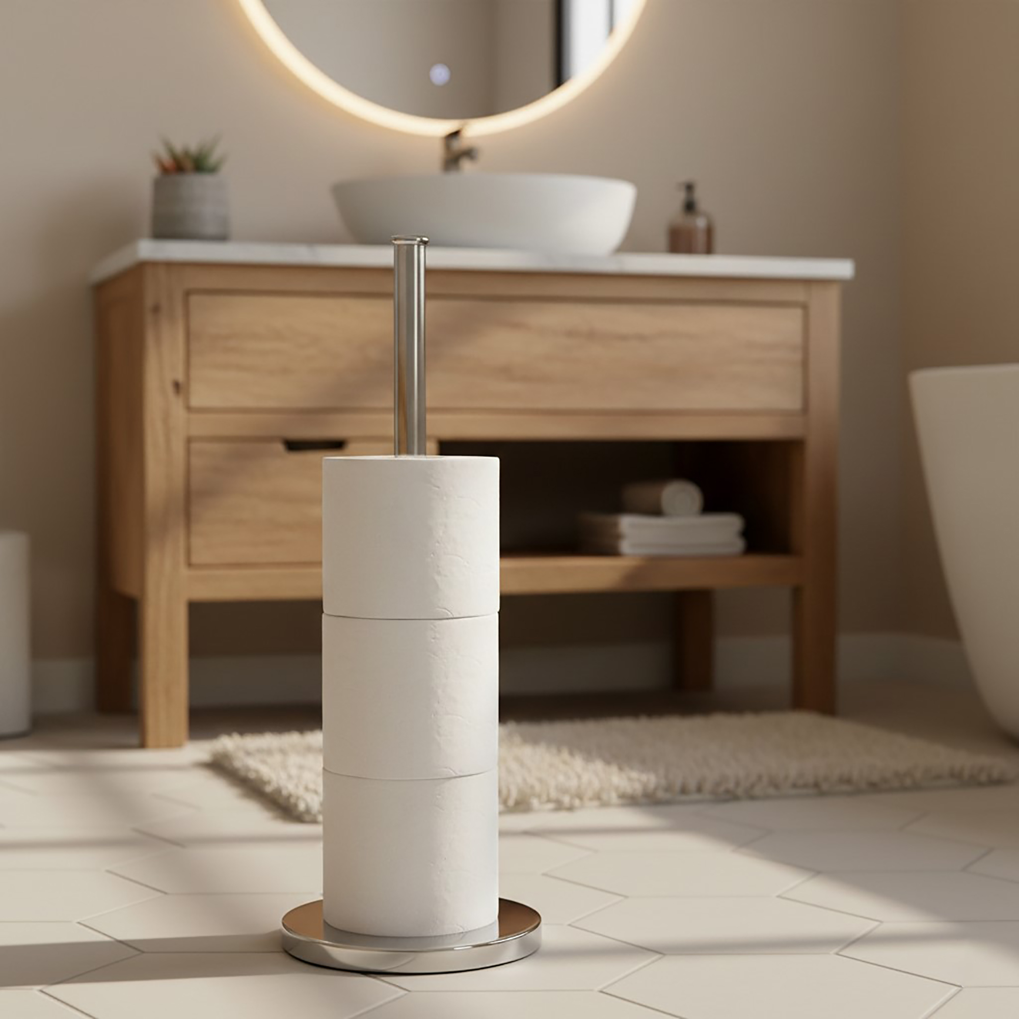 Freestanding toilet paper holder with brushed stainless steel rod and base, holding stacked white rolls