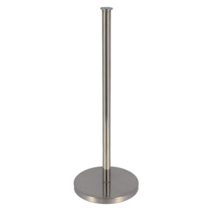 Silver freestanding toilet paper holder with sleek metal rod and round base
