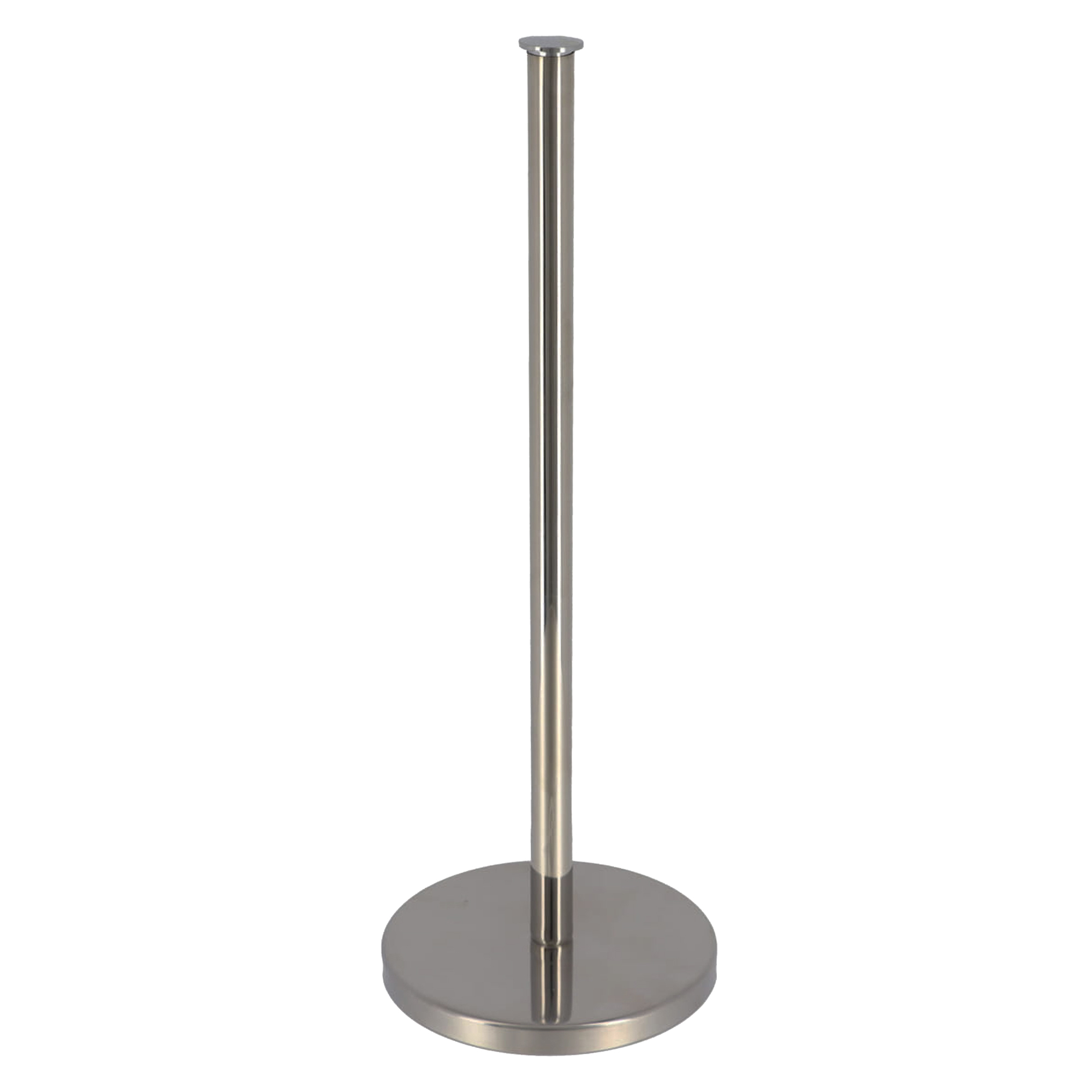 Silver freestanding toilet paper holder with sleek metal rod and round base