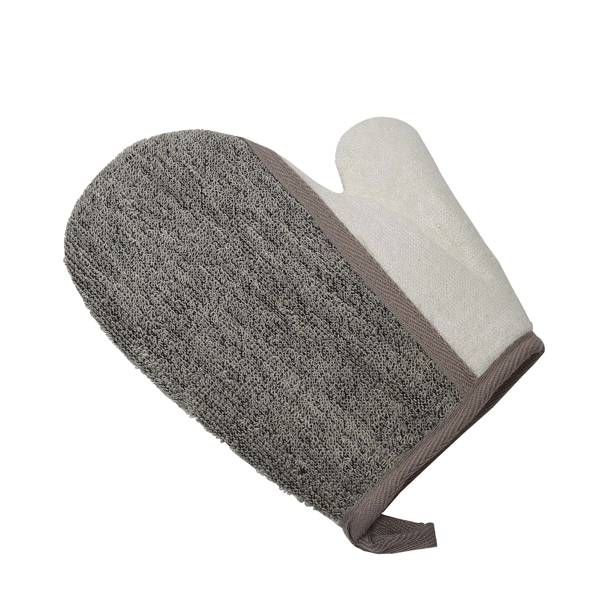 Gray and white dual-textured exfoliating mitt with thumb opening