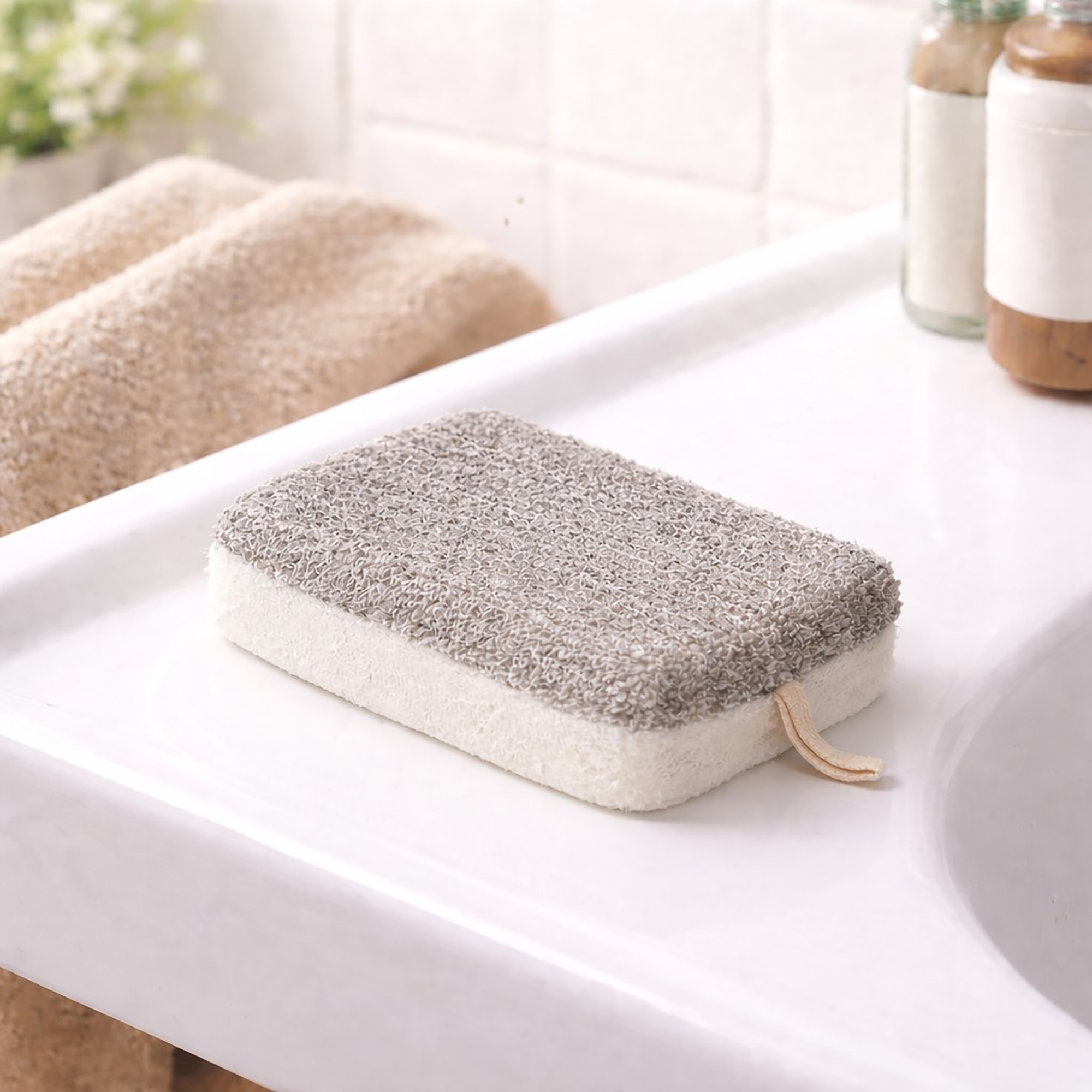 Beige and white exfoliating pad on white bathroom tray