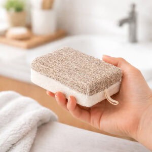 Hand holding beige and white dual-sided exfoliating pad