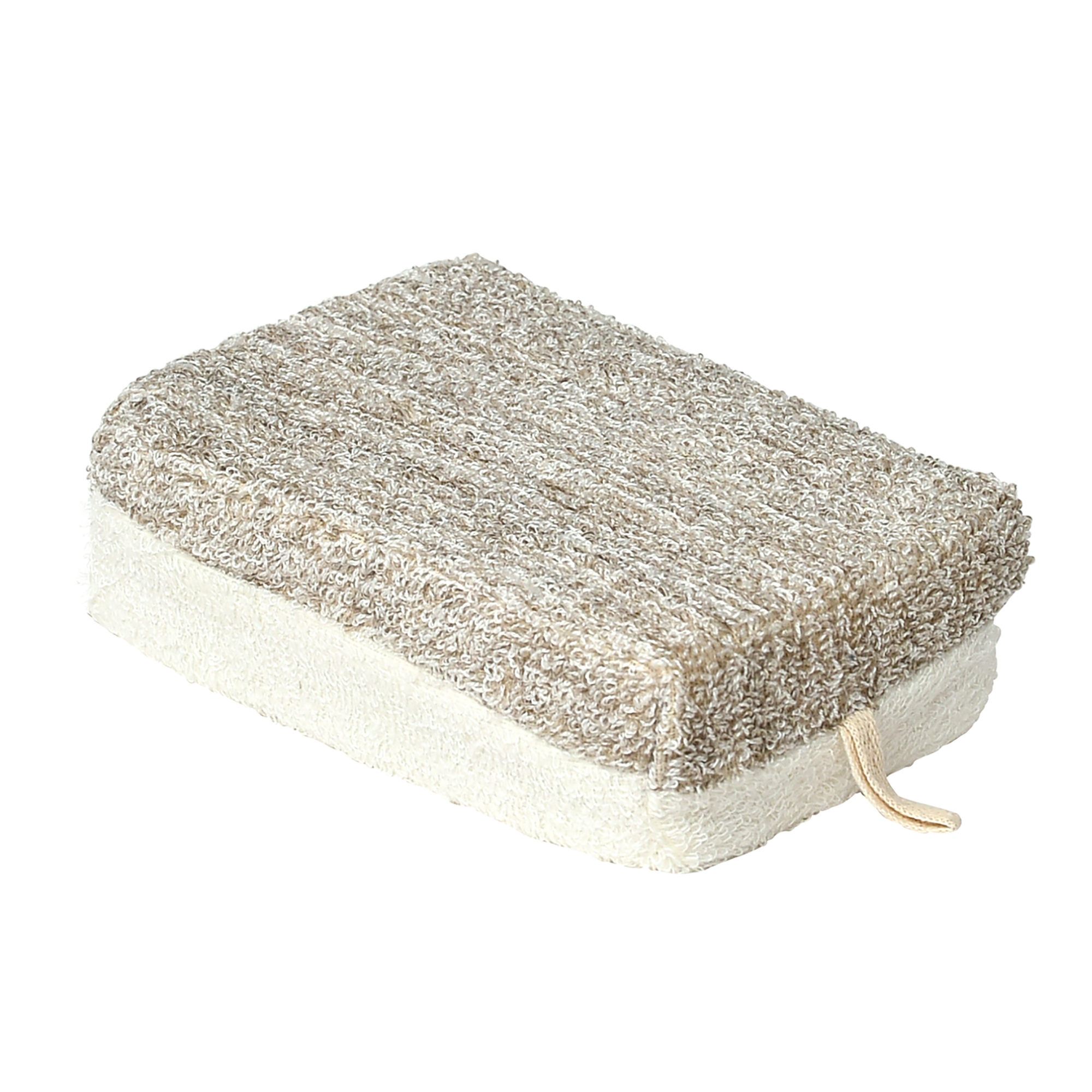 Natural textured exfoliating pad with beige and white dual surfaces and hanging loop