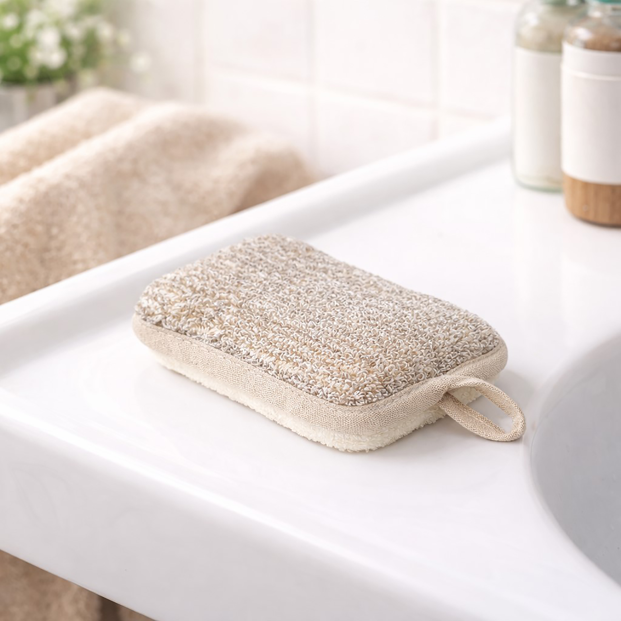 Beige exfoliating pad with fabric loop on white bathroom tray